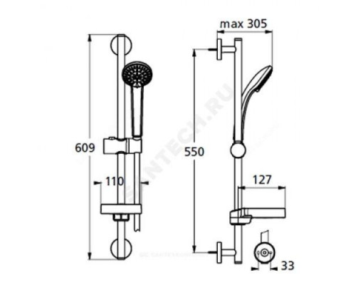 Гарнитур душевой штанга 600мм+шланг+лейка 3 режима струи IDEALRAIN SOFT S3 Ideal Standard B9503AA .