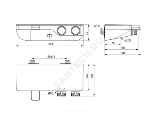 Смеситель для ванны с душем термостат Ceratherm S200 Ideal Standard A7330AA