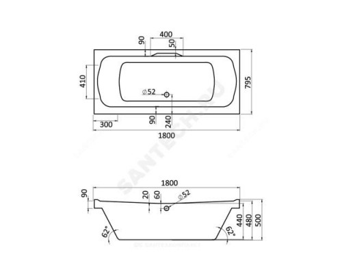 Ванна акриловая Корсика 180х80см без ножек Santek 1.WH11.1.981