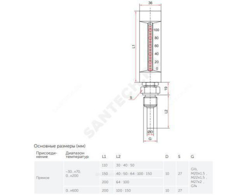 Термометр жидкостной виброустойчивый прямой L=150мм G1/2