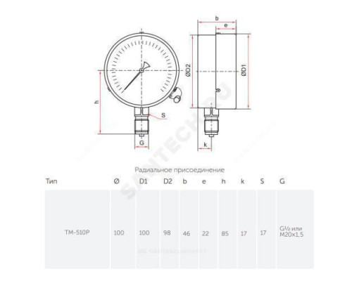 Манометр ТМ-510Р.00 радиальный Дк100мм 0-1,0 МПа без поверки М20х1,5 Росма