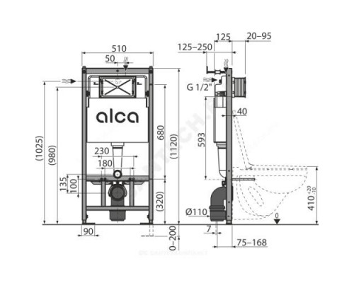 Инсталляция для подвесного унитаза без кнопки смыва Alca Plast AM101/1120-0001