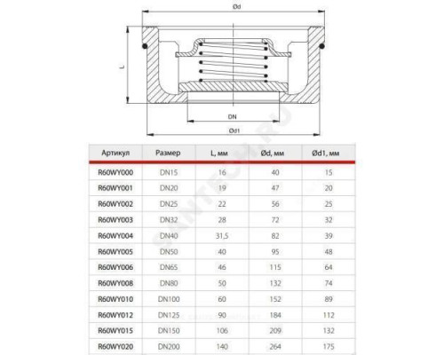 Клапан обратный латунь пружинный R60W Ду 25 Ру16 межфл диск нерж Giacomini R60WY002