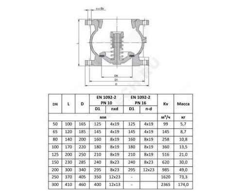 Клапан обратный чугун пружинный 402A Ду 100 Ру16 фл диск нерж Zetkama 402A100C52