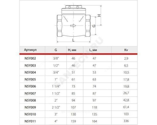 Клапан обратный латунь поворотный N5 Ду 32 Ру16 Тмакс=110 оС ВР 1 1/4