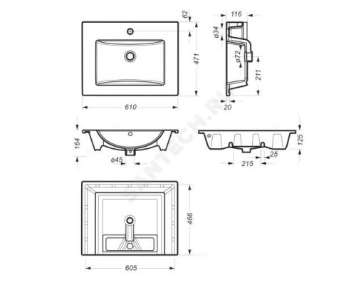 Умывальник мебельный Quadro 60 1 отверстие под смеситель по центру белый Sanita Luxe QDR60SLWB01