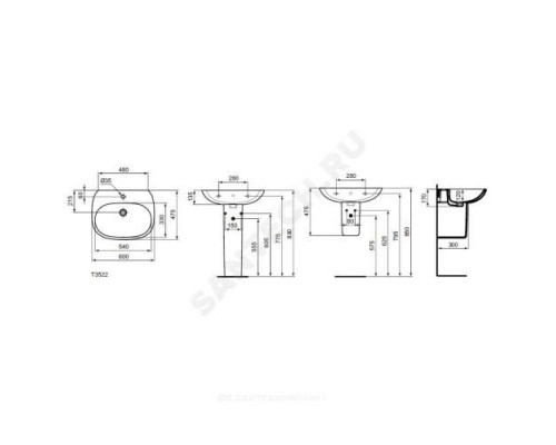 Умывальник подвесной TESI 60 1 отверстие под смеситель по центру Ideal Standard T352201