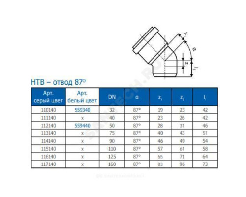 Отвод PP-H серая HT HTB Дн 125х87гр б/нап в/к Ostendorf 116140