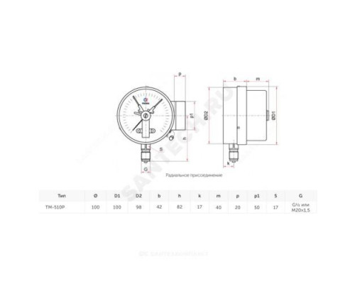 Манометр сигнализирующий ТМ-510Р.04 радиальный Дк100мм 0-2,5 МПа кл.1,5 исполнение 4 М20х1,5 с электроконтактной приставкой Росма .
